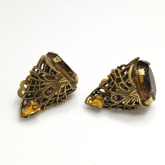 Filigree Topaz Rhinestone Clip Earrings, Large Faceted Glass Bottom, 1960s - Picture 8 of 10
